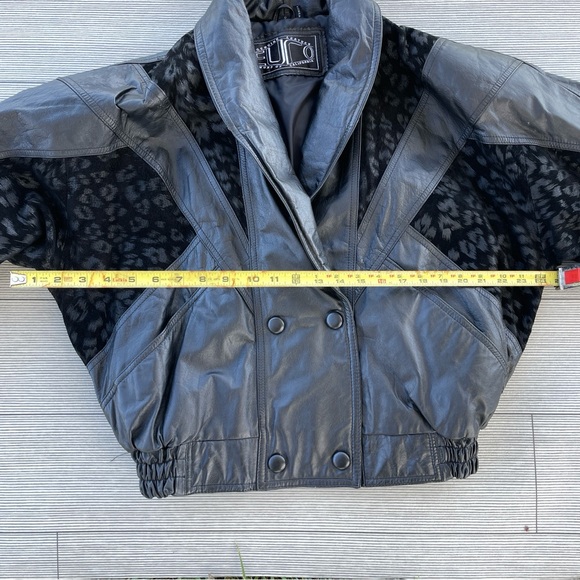 Rare Women’s Euro Mond Black Leather Jacket Boxy Bomber Leopard 80s Shoulder Pad - Picture 3 of 6